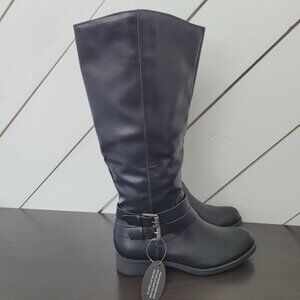 NWT Style & Co Black Knee-High Faux Leather Boots Women Straps & Side Zipper